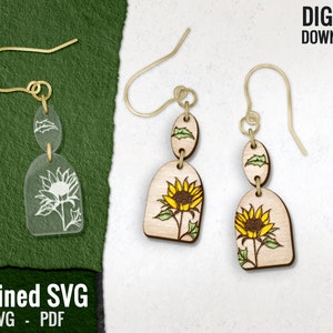 Pendientes de girasol SVG, archivo de pendientes de girasol grabados a láser, pendientes de acrílico SVG, pendientes de madera con diseño floral de girasol SVG, uso comercial