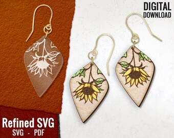 Boucle d'oreille à l'envers tournesol SVG, boucle d'oreille tournesol gravée au laser SVG, boucle d'oreille acrylique SVG, fichier de boucle d'oreille en bois floral fleur, usage commercial