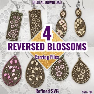 Paquete SVG de aretes con flores invertidas, 4 archivos para aretes con flores, juego SVG de aretes con flores invertidas, archivos de corte para aretes con flores de cerezo