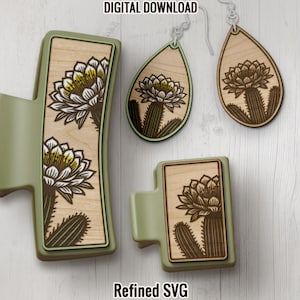 Fichier SVG de pinces à cheveux cactus, ensemble de fichiers boucle d'oreille cactus assorti, pince à clip griffe de cactus Saguaro SVG, fichier laser de pince à cheveux, modèle de griffe de cheveux de cactus
