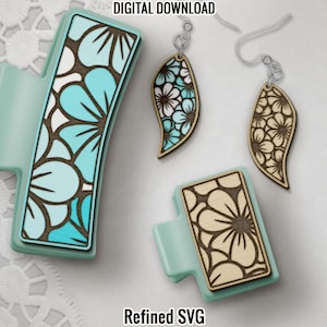 Flower Hair Clips + Matching Flower Earring SVG File Set, 2 Floral Hair Clip Files + Earring Floral SVG Files, Claw Hair Clip Laser Set