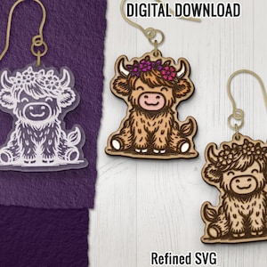 かわいいハイランド牛のイヤリングSVG、ハイランド牛のイヤリングレーザーカットファイル、ハイランド牛のイヤリングデジタルダウンロード、アクリルイヤリングSVG、Glowforge