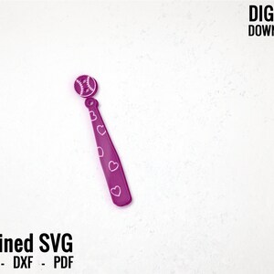 May include: A magenta baseball bat-shaped charm with white heart cutouts and a baseball at the top. The words "DIGITAL DOWNLOAD" and "Refined SVG" are in the image, along with file type options: SVG, DXF, and PDF.