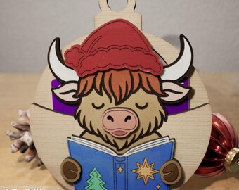 Highland Cow Christmas Ornament Gift Card Holder Laser Cut SVG File, Digital File