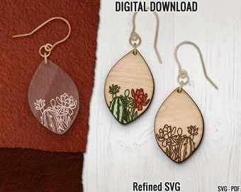 Könnte beinhalten: Ohrringe in Tropfenform. Ein Ohrring ist transparent mit einem weißen Kaktus-Design, die anderen beiden sind aus Holz mit geätzten Kaktus- und Blumendesigns in Grün und Rot. Die Ohrringe haben goldfarbene Haken. Die Worte "DIGITALER DOWNLOAD" und "Refined SVG" sind sichtbar.