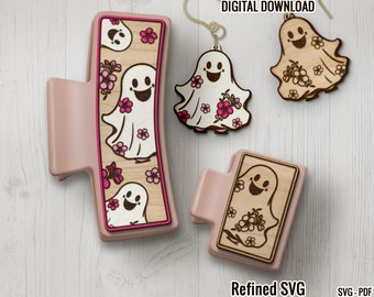 May include: A set of Halloween-themed wooden accessories, including two pink-framed clips and a pair of earrings. Each item features a smiling ghost design with floral accents. The words "DIGITAL DOWNLOAD" and "Refined SVG" are visible.