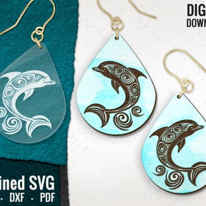 Boucle d'oreille dauphin SVG, fichier de coupe gravé au laser dauphin sautant, fichier de boucle d'oreille en bois Sea life, dessinés à la main, bijoux Glowforge, usage commercial