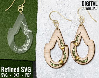 Archivo SVG de aretes de madera con diseño floral, grabado con láser (descarga digital)