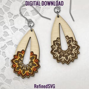 Mandala Teardrop  Earring SVG, Engraved Mandala Wood Earring SVG, Mandala Earring SVG, Laser Earring File, Glowforge Jewelry, Commercial Use