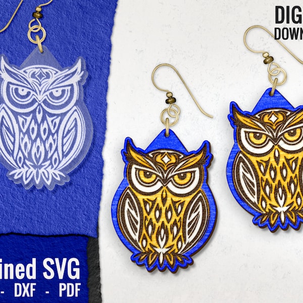 Owl Earring SVG, Animal Laser Engraved Cut File, Digital Download, Owl Laser Cut Designs, Owl Wood Animal Earring File, Commercial Use