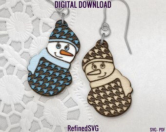 Snowman Earring SVG, Christmas Wood Earring SVG,  Snowman Houndstooth Earring SVG, Snowman Earring Cut Files, Christmas Acrylic Earring File