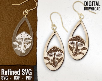 May include: A pair of wooden earrings with a mushroom design. The earrings are shaped like teardrops and have a gold-colored metal hook.