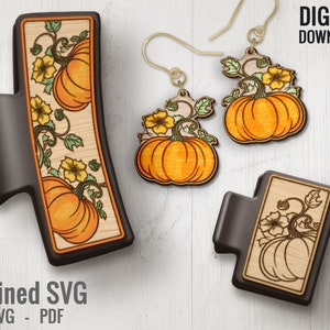 Pumpkin Hair Clips SVG + Matching Earring File Set, Autumn Claw Clip SVG, Hair Clip Laser File, Pumpkin Hair Claw Template, Earring SVG