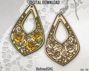 Rose Earring SVG Laser Cut File: Floral Dangle Template (Digital Download)