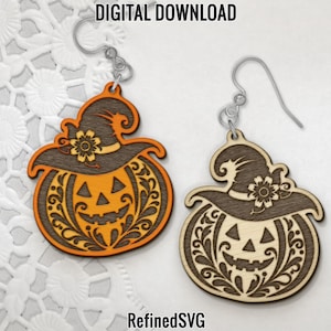 Jack-o&#39;-lantern boucle d&#39;oreille SVG, fichier de boucle d&#39;oreille laser citrouille, Halloween boucle d&#39;oreille bois SVG, fichiers de coupe Halloween boucle d&#39;oreille, usage Commercial
