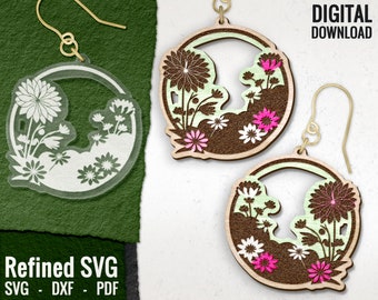May include: Floral design earrings with gold-colored hooks. One earring is clear with white flowers, the other two are wooden with brown, pink, and white flowers. The words "DIGITAL DOWNLOAD" are in the upper right corner.