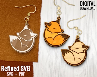 Cute Sleeping Fox Earring SVG, Animal Laser Cut File, Laser Earring File, Wood Earring SVG, Animal Earring Files Acrylic Earring SVG