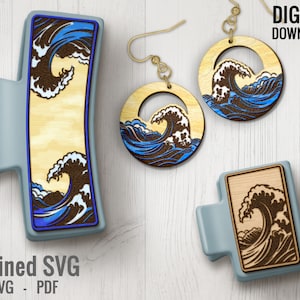 Ocean Wave Hair Clips SVG + Matching Earring File Set, Seaside Claw Clip SVG, Beach Hair Clip Laser File, Hair Claw Template, Earring SVG