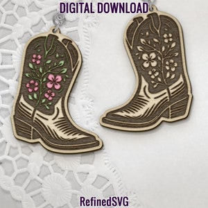 Boucle d'oreille fleur de bottes de cowboy SVG, fichier de découpe laser floral boucle d'oreille western, conception de boucle d'oreille Western, boucles d'oreilles Far West SVG, découpe laser