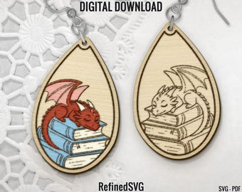 Dragon and Books Teardrop Earring SVG, Dragon Earring File, Acrylic Earring SVG,Wood Earring SVG, Floral Laser Cut Earring