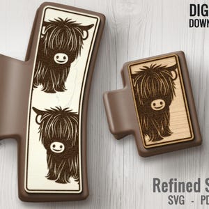 Highland Cow Hair Clip SVG Laser Cut File – Rustic Cow Vector Design for Laser Engraving on Hair & Claw Clips, Country Digital Download