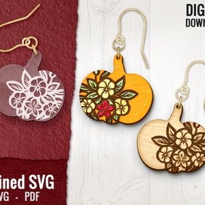Pumpkin with Flowers Earrings SVG, Fall Laser Earring File, Autumn Wood Earring SVG, Pumpkin Earring Cut Files, Fall Earring SVG, Glowforge
