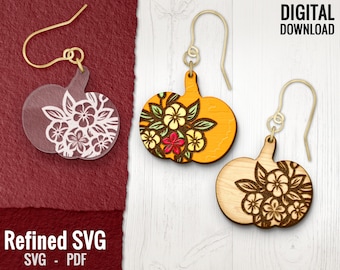Pumpkin with Flowers Earrings SVG, Fall Laser Earring File, Autumn Wood Earring SVG, Pumpkin Earring Cut Files, Fall Earring SVG, Glowforge