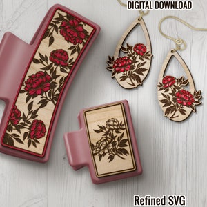 Peonies Hair Clips SVG + Matching Earring File Set, Peonies Claw Clip SVG, Flower Hair Clip Laser File, Flower Hair Claw Template