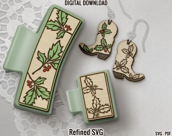 Mistletoe Hair Clip and Earrings SVG Set for Laser Cutter, Christmas (Digital Files)