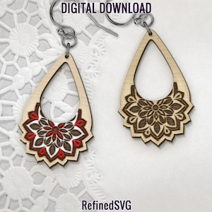 Teardrop Mandala Earring SVG: Engraved Wood, Laser Cut File (Digital Download)