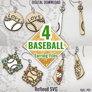 Baseball Earring SVG Bundle, 4 Baseball Earring Files, Sports Jewelry Cut Files, Baseball Earring SVG Set, Baseball Earring Cut Files
