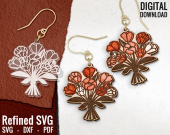 Blombukett för mors dag örhänge SVG, blomma örhänge fil, akryl örhänge SVG, blommig trä örhänge SVG, Glowforge, kommersiellt bruk