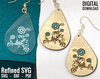 Archivo SVG de pendientes de flores, descarga digital de pendientes florales grabados con láser, Glowforge, archivo para pendientes láser, archivo SVG de pendientes de madera con flores, uso comercial