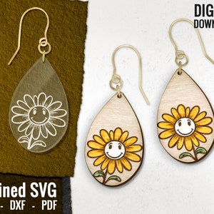 Cute Sunflower Teardrop Earring SVG, Jewelry Earring File, Wood Earring SVG, Flower Laser Engraved SVG, Glowforge Earring, Commercial Use