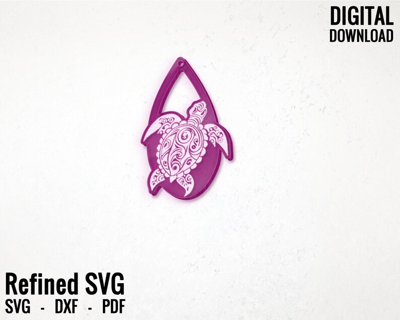 May include: A pink teardrop-shaped earring with a white detailed turtle design.