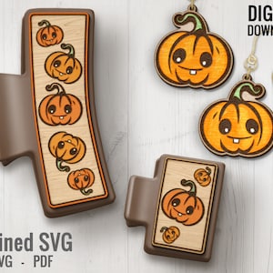 Schattige pompoenhaarspeldjes + bijpassende oorbel SVG-bestandenset, Halloween 2 haarspeldbestanden + oorbel SVG-bestanden, klauwhaarspeld laserontwerpset