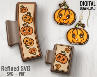 May include: A set of five digital SVG files for laser cutting, featuring a design of cute pumpkins with smiling faces. The pumpkins are arranged in a vertical line on a brown background. The text "Refined SVG" and "SVG - PDF" is also included in the image.
