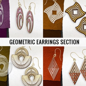 May include: A collection of geometric earrings with gold-colored hooks. The earrings feature various designs, including layered shapes, diamond, and oval forms, in colors like white, pink, and brown. The text "GEOMETRIC EARRINGS SECTION" is displayed.