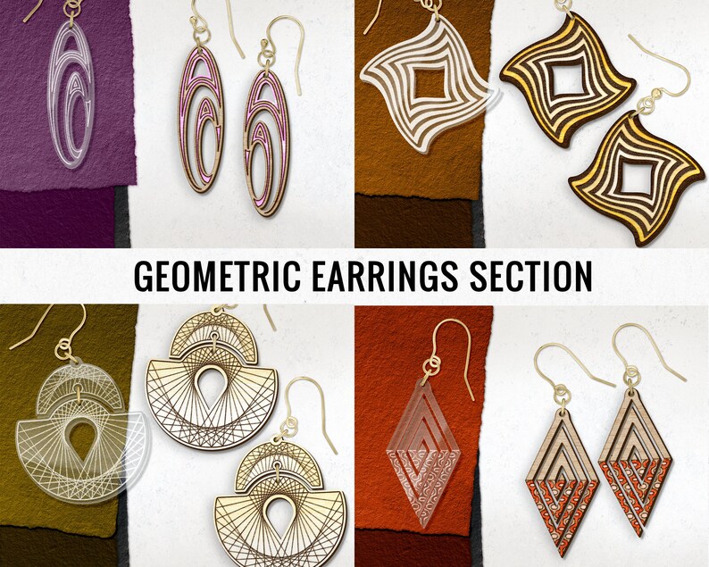 May include: A collection of geometric earrings with gold-colored hooks. The earrings feature various designs, including layered shapes, diamond, and oval forms, in colors like white, pink, and brown. The text "GEOMETRIC EARRINGS SECTION" is displayed.