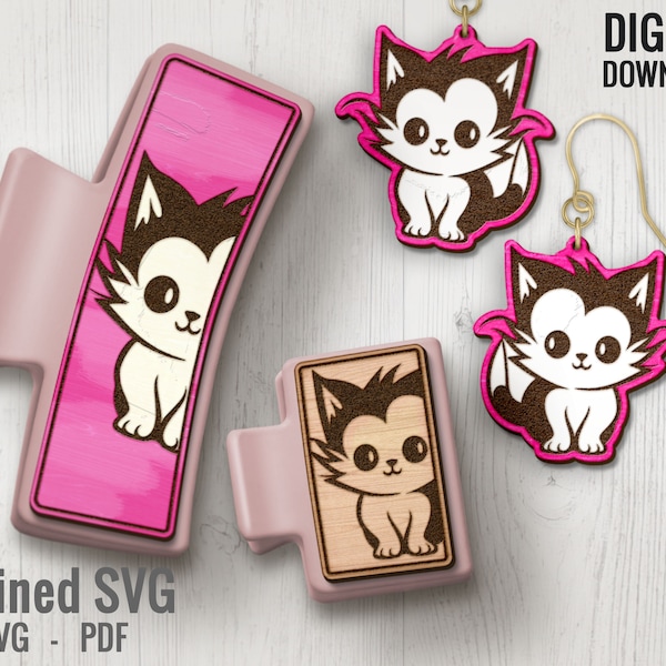 Kätzchen Haarspangen SVG + passenden Ohrring Datei Set, Katzenhaar Clip Laser Datei, Katzenhaar Klauen Vorlage, Katzenohrring SVG, Katzenkrallen Clip SVG Datei