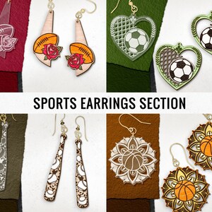 May include: A collection of sports-themed earrings featuring various designs, including baseball bats, basketballs, soccer balls, and footballs. The earrings are made of wood and have intricate details. The earrings are displayed on a background of different colors.