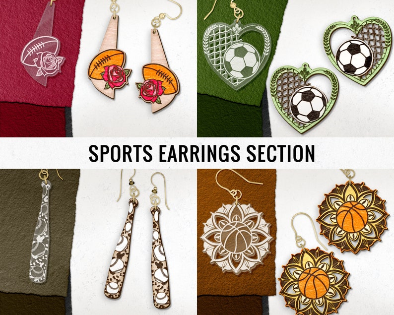 May include: A collection of sports-themed earrings featuring various designs, including baseball bats, basketballs, soccer balls, and footballs. The earrings are made of wood and have intricate details. The earrings are displayed on a background of different colors.