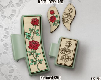 Rose Engraved Hair Clip & Earring SVG File Set (Digital Download)