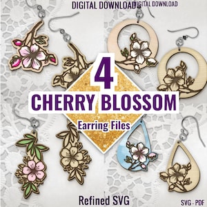 Pacchetto orecchini SVG con fiori di ciliegio, 4 file per orecchini primaverili, set orecchini SVG con fiori di ciliegio, file per orecchini con fiori, orecchini tagliati al laser con fiori di ciliegio