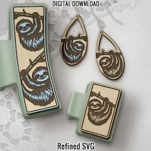 May include: A set of three wooden sloth earrings and a sloth design for a wood burning project. The earrings are teardrop shaped with a sloth hanging from a branch. The wood burning design is a sloth hanging from a branch. The text "Refined SVG" is printed below the wood burning design.