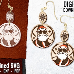 Cool Santa 2 Part Laser Engraved Earrings Digital Download, Christmas Earring SVG, Glowforge File, Laser Engraved SVG, Commercial Use