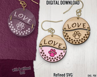 Paws Earring SVG, Love Paws Laser Cut Files, Animal Wood Earring SVG, Paw Acrylic Earring SVG, Animal Laser Cut File, Glowforge