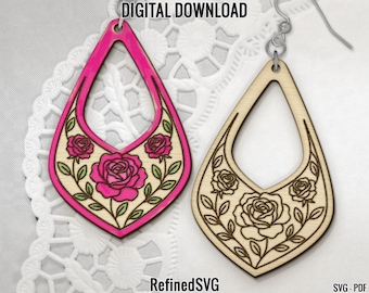 Rose Earrings SVG Laser Cut File: Floral Dangle Template (Digital Download)
