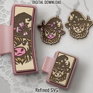 Highland Cow with Halloween Hat Hair Clips, Matching Earring SVG File Set, Bat 2 Hair Clip Files + Earring SVG Files, Halloween Claw Clip