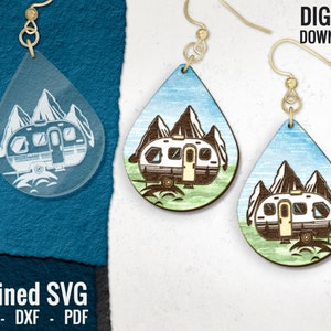 Camper Earring SVG, Camper Mountain Drop Laser Engraved Earrings Digital Download, Wood Earring SVG, Glowforge Jewelry, Commercial Use